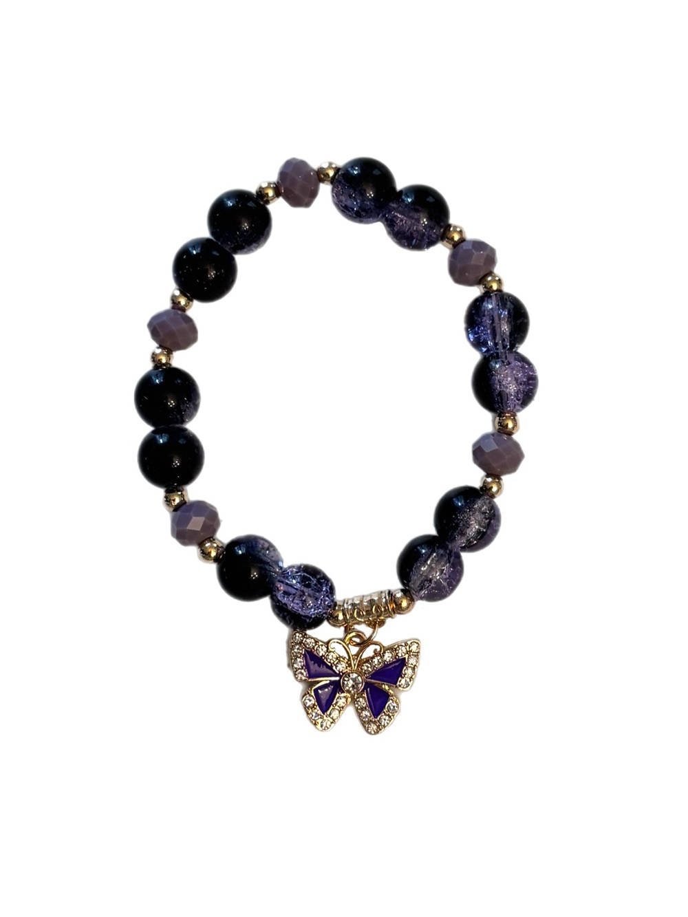 Gold Butterfly Charm Purple Beaded Stretch Bracelet